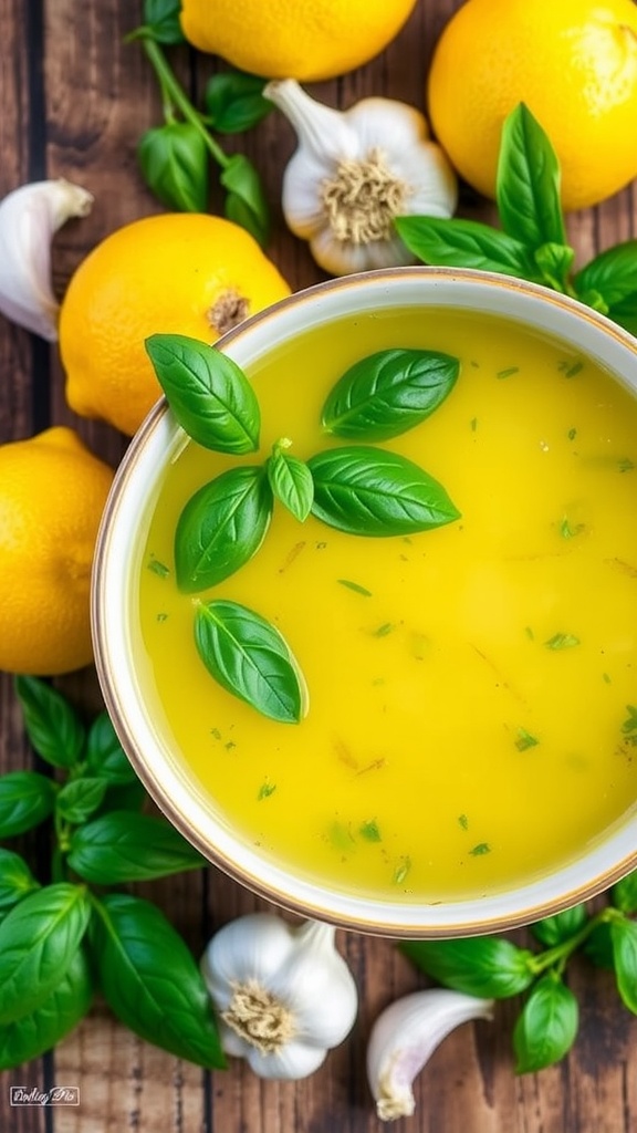 Zesty lemon basil marinade in a bowl with lemons and basil leaves on a wooden table.